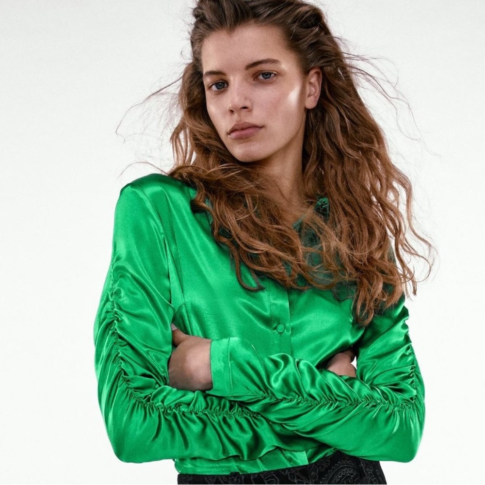 Zara Women's Green Button-Down Shirt. Ruched Long Sleeve.